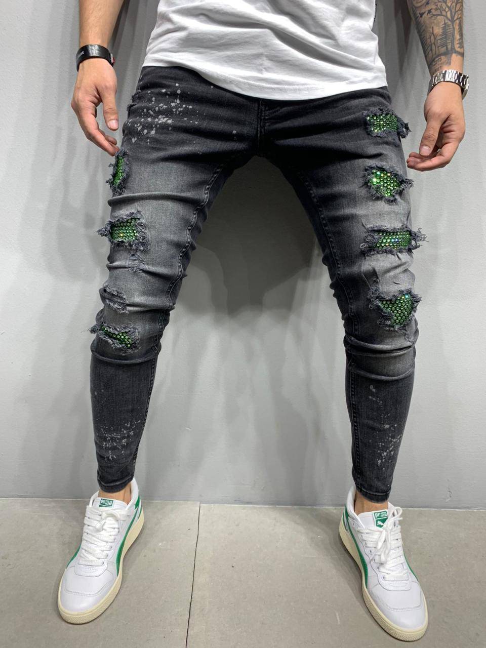 Premium Green Woven Patched Jeans - Manchinni®