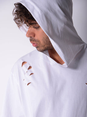 Hooded and Ripped White T-shirt